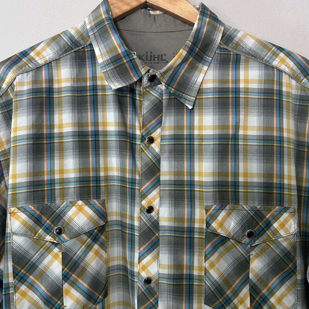 KUHL Eluxur Shirt Mens XL Plaid Pearl Snap Short Sleeve Hiking Outdoor Rugged